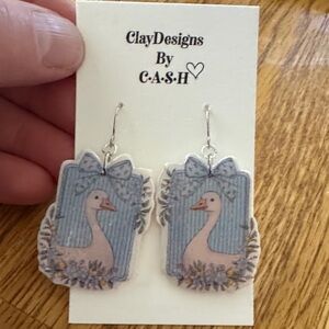 Duck Earrings with Blue and White Design